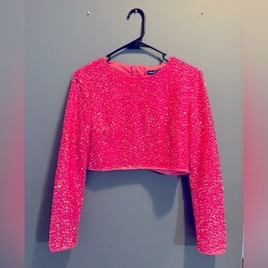 Hot Pink Long Sleeve Sequin Crop Top